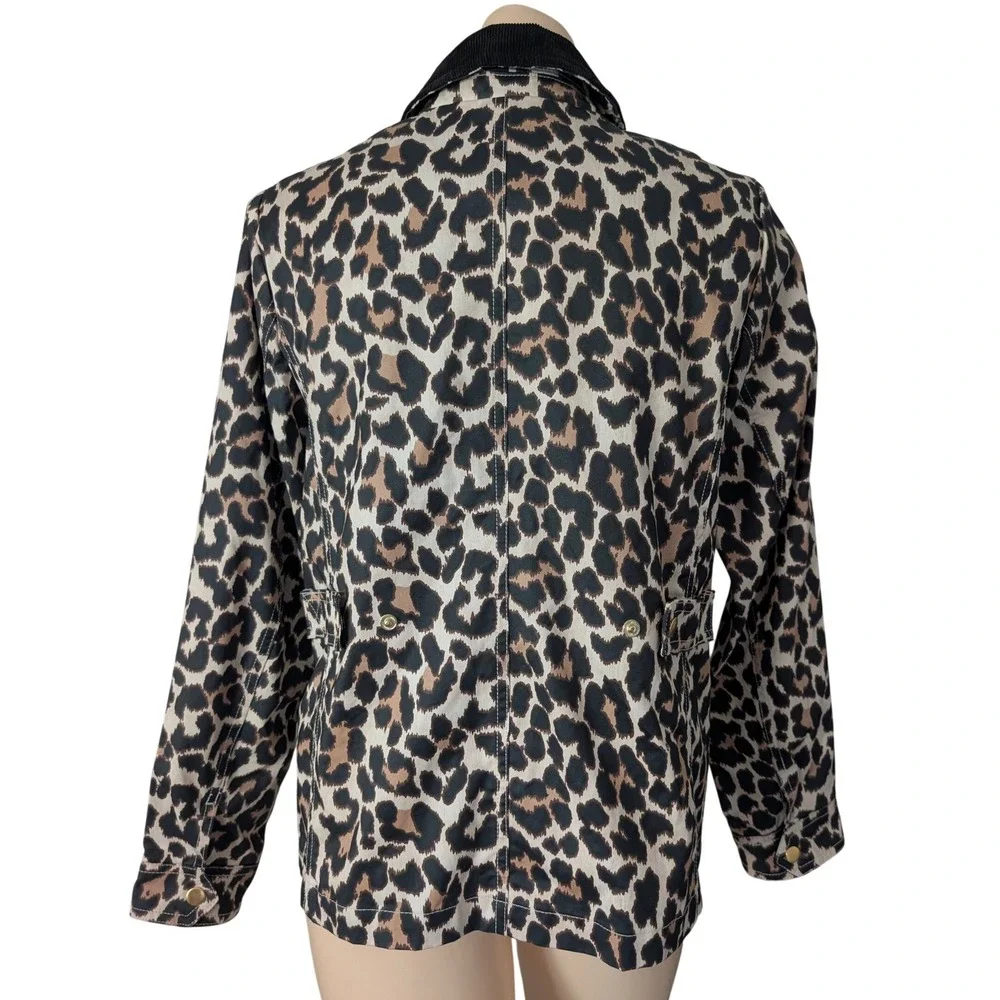 J Crew Leopard Print Barn Coat Jacket Women XS Corduroy Collar Utility Chore